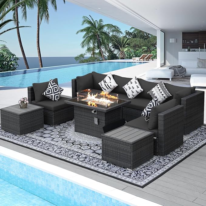 NICESOUL 9 Piece Outdoor Patio Sectional Furniture Sofa Set with Fire Pit Natural Gas Propane, 29.3'' High Back Modern Large Size Wicker Conversations with Fireplace for Backyard, Deep Seats Gray