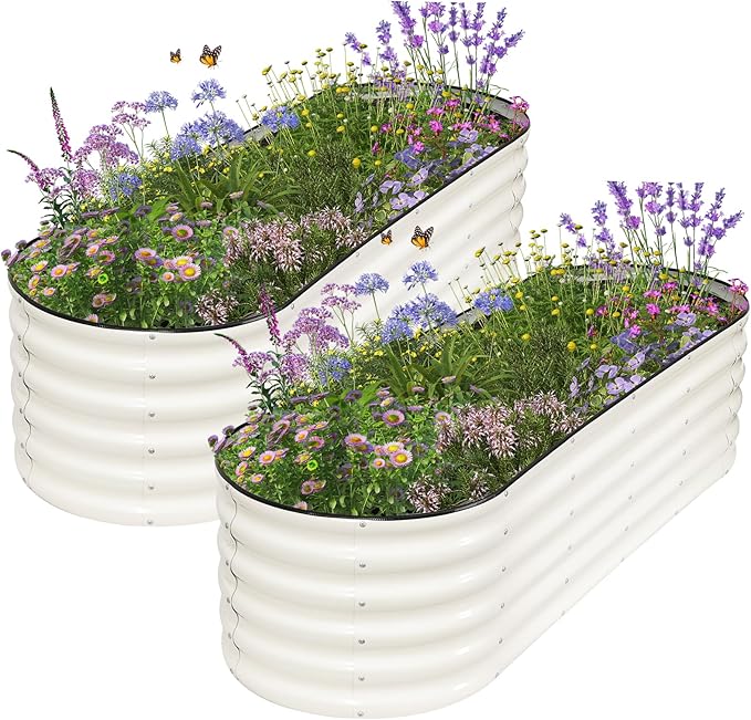 Galvanized Raised Garden Bed Outdoor- 2 Pcs Raised Beds for Gardening| Metal Planter Box, Steel Raised Garden Bed Kit with Gloves for Vegetables, Flower, Herbs (6x2x1.4FT, White)