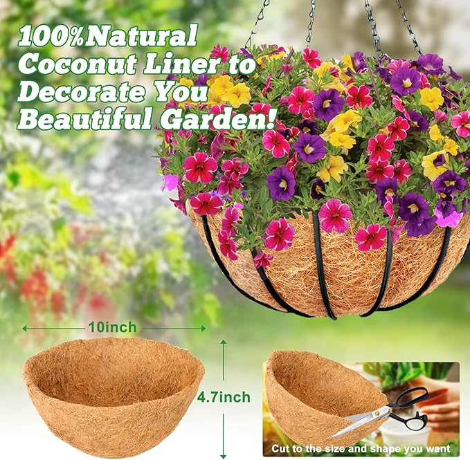 Y&M 2pcs 10“ Round Coconut Fiber Liner, 10'' Coco Liner Pre-Formed Replacement for Wall Hanging Planter Basket