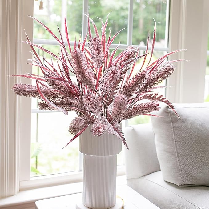 7 PCS Artificial Stems Fake Plants for Spring Summer Decor, 26 in Fake Leaves Greenery Branches Purple Silk Flowers Faux Foliage DIY Stems for Vase Home Kitchen Farmhouse Indoor Table Centerpiece