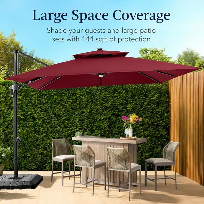 Best Choice Products 12x12ft LED Cantilever Patio Umbrella w/Base Included & 360° Rotation, Large Solar Offset Hanging Outdoor Sun Shade for Deck, Backyard Table w/Stand & Lights – Burgundy