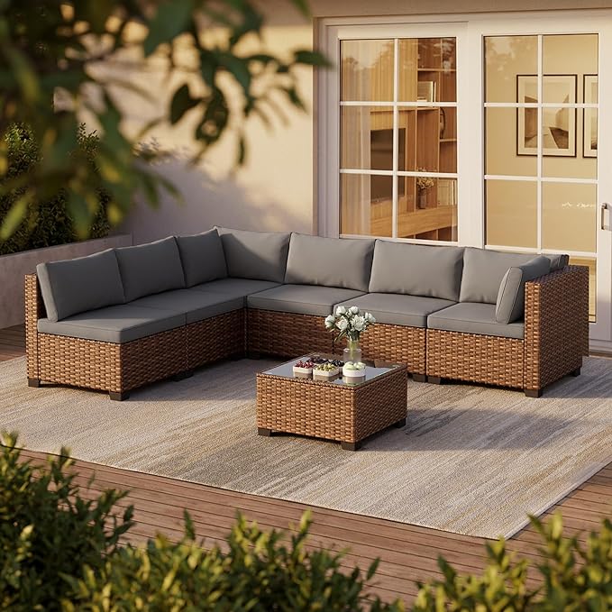 7 Pieces Patio Furniture Set, Outdoor Sectional Rattan Sofa Set, Wicker Patio Conversation Set with Cushions and Glass Coffee Table, for Balcony, Porch, Garden, Grey
