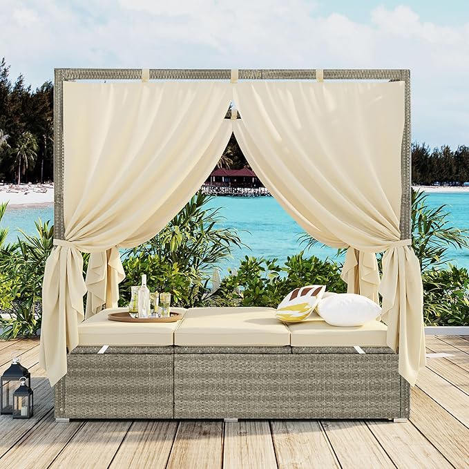 Harper & Bright Designs Adjustable Outdoor Sun Lounger with Canopy,Multi-Position Recline Patio Chair with Removable Cushion,Weather-Resistant Rattan Chaise Lounge for Poolside,Garden & Terrace,Beige
