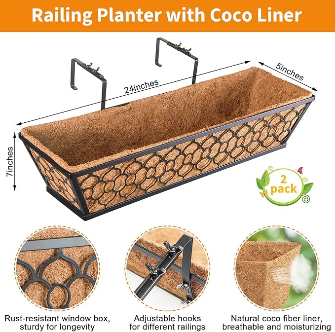 Riare 2 Pack 24 Inch Window Boxes Planters with Coco Liner, Metal Deck Railing Planter Boxes, Balcony Planters Railing Hanging, Horse Trough Window Flower Planter Boxes for Outdoor Porch Fence Patio