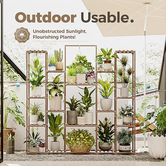 Bamworld Plant Shelf Indoor Hanging Plant Stand Outdoor Large Plant Shelves Tall Flower Holder wooden plant stand for Multiple Plants Plant Rack for Living Room Balcony Decor Garden Clearance Deals 17 Pots Plant Table