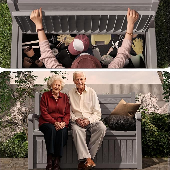 80 Gallon Outdoor Storage Bench Deck Box Waterproof Lockable,Outdoor Storage Furniture for Patio,Garden and Porch,Tools and Cushions（Grey Stripe）