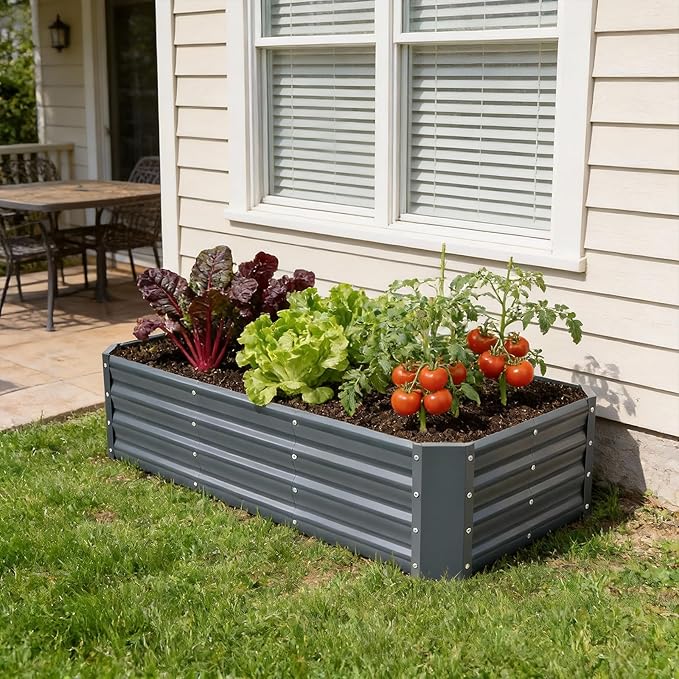 INNO STAGE 4×2×1ft Galvanized Raised Garden Bed Kit, Galvanized Planter Raised Garden Boxes Outdoor, Large Metal Raised Garden Beds for Vegetables, Flowers, Herbs, and Succulents, Grey