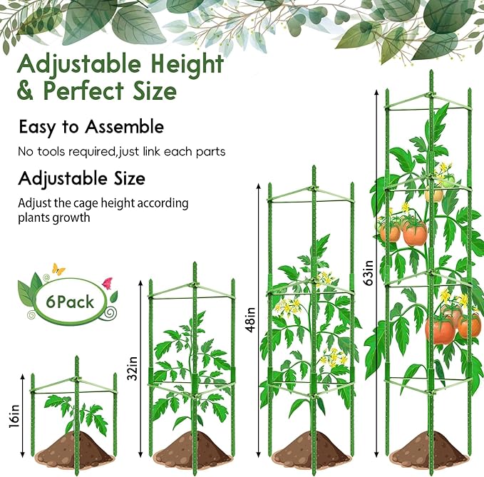 Riare 6 Pack 5.2 FT Tomato Cages for Garden- 63inches Heavy Duty Garden Stakes, Adjustable Tall Tomato Plant Support Tomato Trellis Cage for Pots, Raised Garden Bed, Climbing Vegetables Plants Flowers