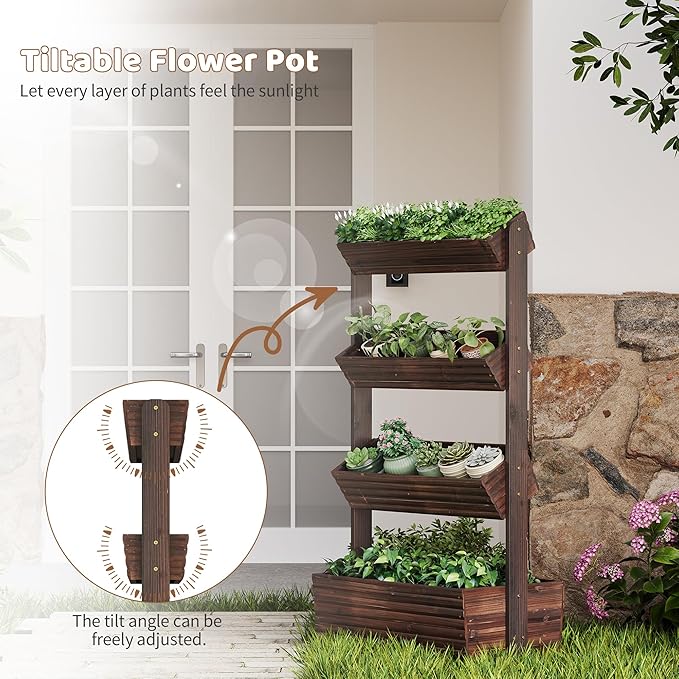 FILWH Wooden Raised Garden Bed Vertical Planter Box, Freestanding Plant Stand for Indoor Outdoor Plants, Herbs, Flowers, Vegetables, Gardening (Carbonized, 4-Tier，29.9 x 17.9 x 55in)