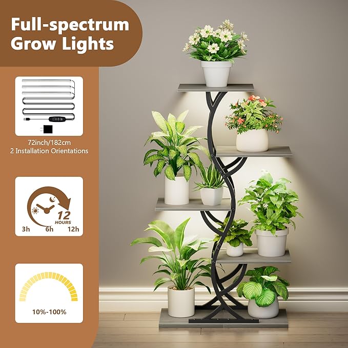 Plant Stand Indoor with Grow Lights - 44" Tall Corner Plant Stands for Indoor Plants, 5 Tiered Metal Plant Shelf, Curved Plant Flower Holder Dispaly Rack for Living Room, Home Patio Balcony (Gray)