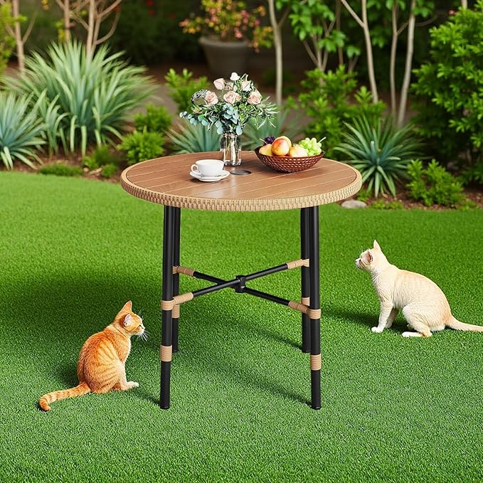 DWVO Outdoor Patio Dining Table Round for 4 35.4" Outdoor Tables with Umbrella Hole & Adjustable Levelers All-Weather Bistro Table with Metal Frame for Lawn Garden Backyard