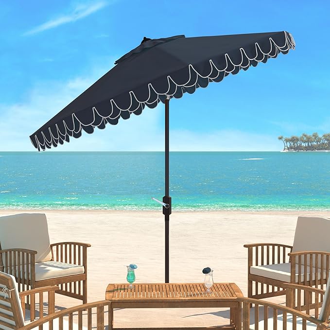 SAFAVIEH 9ft Outdoor Patio Umbrella, Round, Valance, Navy & White Trim, Auto Crank Tilt, UV Resistant for Deck, Backyard, Poolside (PAT8006A)