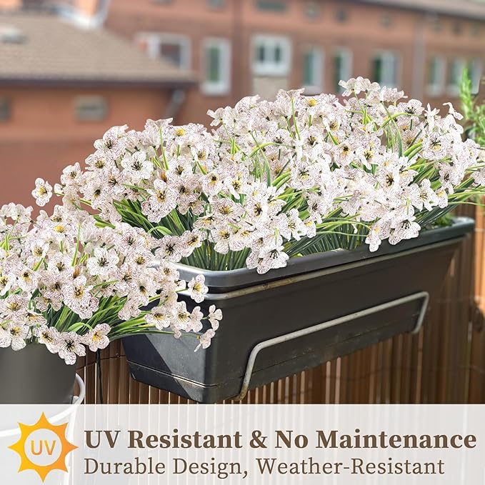 24 White Bundles Artificial Flowers for Outdoors/Indoors Fake Flowers Plants for Indoor Outside Garden Porch Window Box Home Wedding Farmhouse