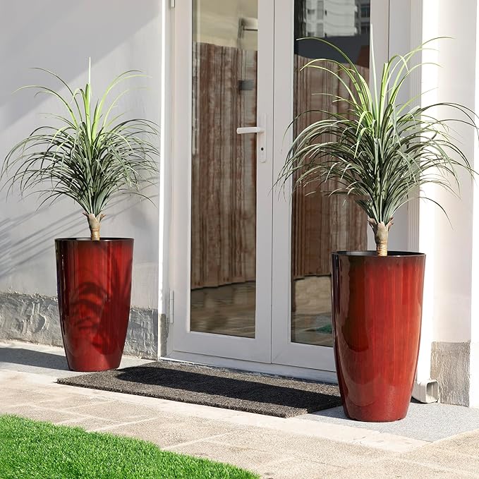 Glitzhome 23.5" H Oversized Tall Planter, Set of 2 Plastic Large Outdoor Planters with Drainage Holes, Gradient Red Faux Ceramic Finish, Large Flower Pots Round Plant Pots for Indoor Outdoor Patio