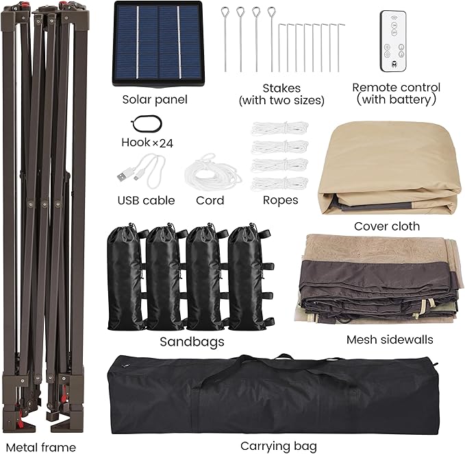 Yaheetech 11'x11' Pop Up Gazebo Instant Tent with 17 Solar LED Lights & Zippered Mesh Netting, Outdoor Shelter Sun Shade Gazebo with Sandbags for Backyard Garden Patio, Khaki & Brown