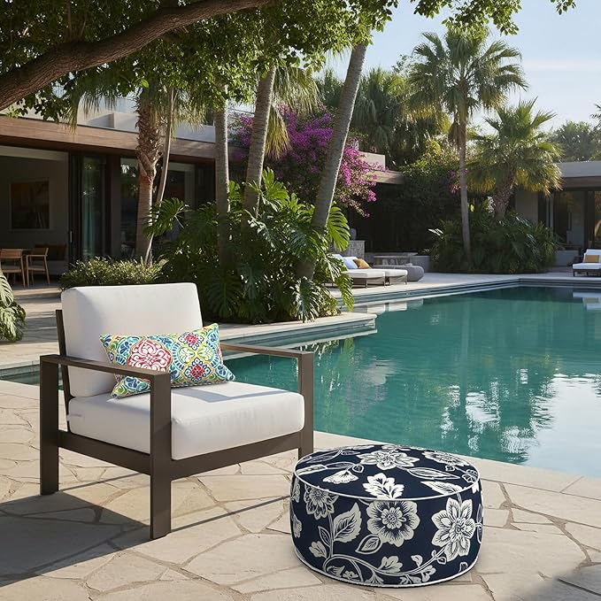 LVTXIII Indoor/Outdoor Inflatable Ottoman with Handle D21 x H9 Inch, Weather-Resistant Round Footstool Pouf for Patio Camping Living Room, Portable Footrest Extra Seating, Elegant Vines Navy