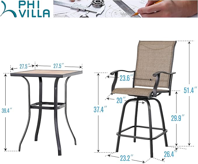 PHI VILLA 3 PCS Patio Swivel Bar Set Outdoor Furniture Bar Height Bistro Set, 2 Bar Stools and 1 Table, High Top Table and Chairs Set of 2 for Garden Porch Backyard