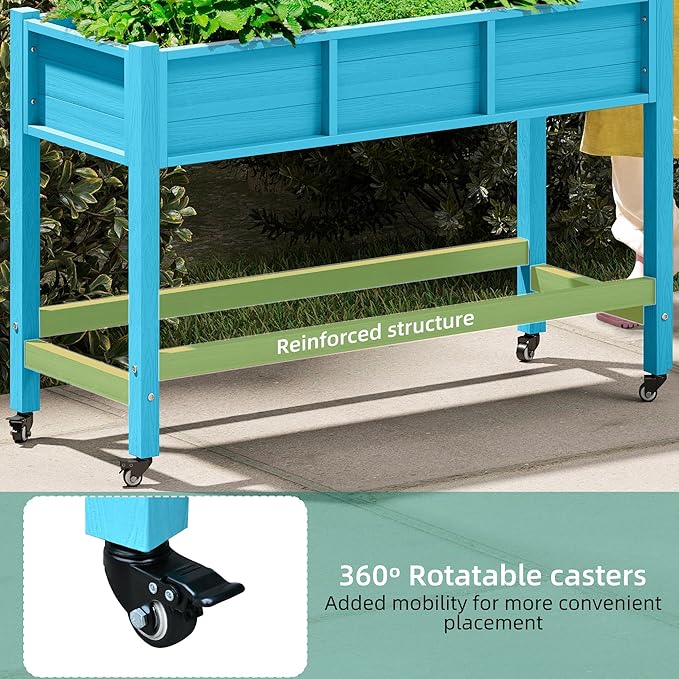 YITAHOME Raised Garden Bed HDPE, 47x18x31In Raised Flower Bed Poly-Wood Weather-Resistant Elevated Planter Box with Lockable Wheels for Vegetables, Aruba Blue