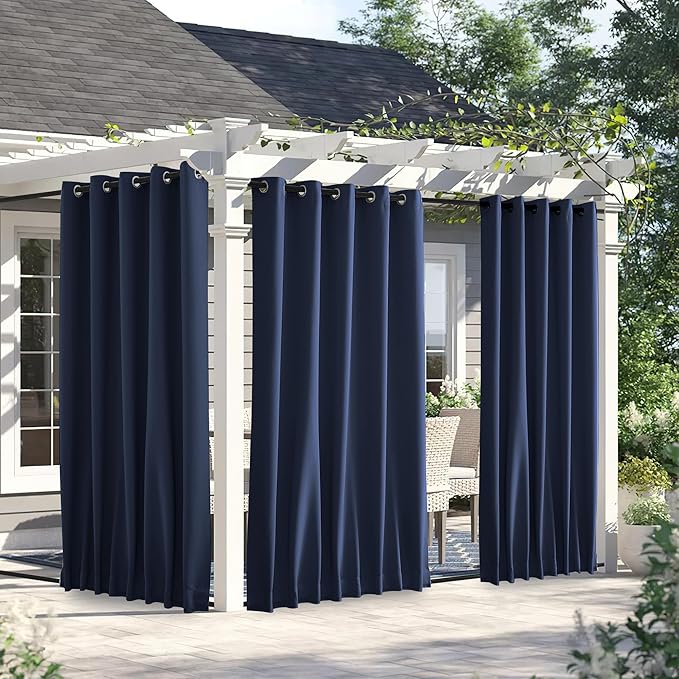 NICETOWN 2 Panels Weighted Outdoor Curtains for Patio Waterproof, Thermal Insulated Grommet & Back Tab on Top & Bottom Windproof Sun Blocking Draperies for Gazebo with Fixed Rope, Navy Blue, W66 x L84