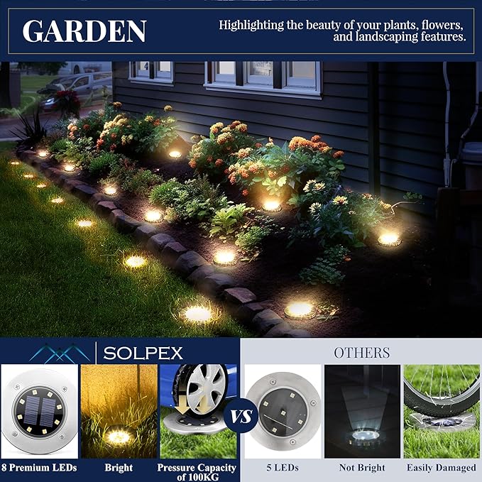 SOLPEX Solar Ground Lights, 16 Pack Solar Lights Outdoor Waterproof, 8 LED Solar Powered Landscape Lighting for Garden Yard Patio Pathway Driveway Walkway (Warm White)