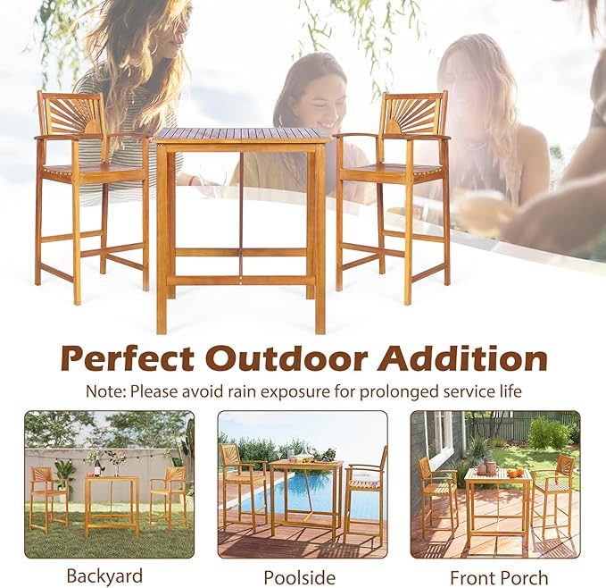 Tangkula 3 Piece Patio Bar Table & Chairs, Outdoor Acacia Wood Bar Set w/Slatted Seat & Tabletop, Wood Dining Bar Set w/Backrest, Armrests & Footrest for Backyard, Poolside, Balcony