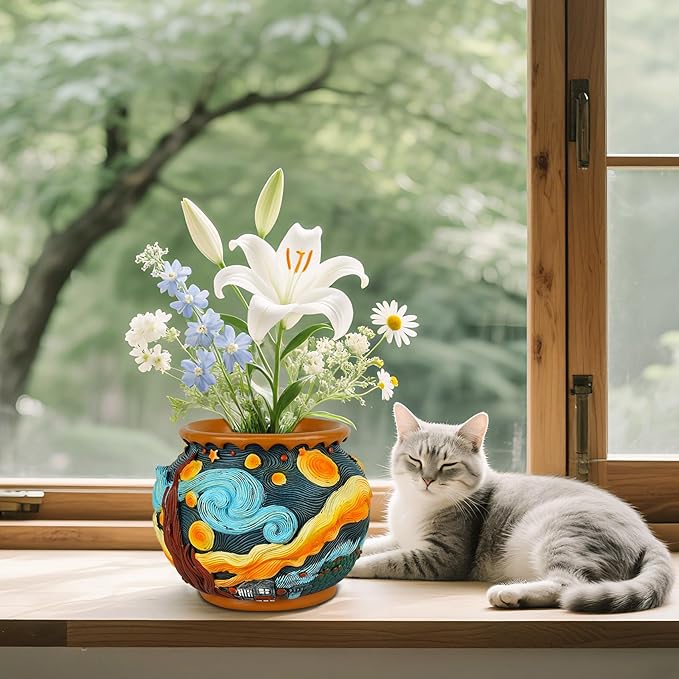 Plant Pots with Drainage Holes - Cute Unique Starry Sky Theme Flower Pots - Decorative Planter for Indoor/Outdoor, Funny Plant Pots for Home Garden Decor