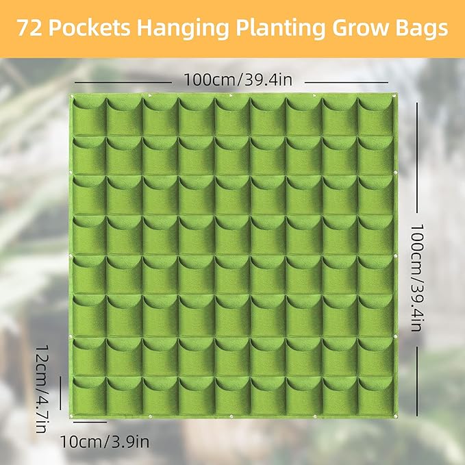 LITLANDSTAR Hanging Vertical Wall Planter, 72 Pockets, Green, 100cm x 100cm, Indoor/Outdoor, Wall Mounted, Felt, Traditional, Rectangular, Drainage Hole