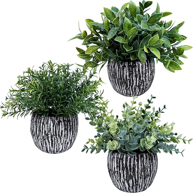 Winlyn Set of 3 Artificial Potted Plants Faux Eucalyptus Rosemary Boxwood Greenery in Black & White Concrete Pots Small Fake Plant for Indoor Outdoor Home Office Table Shelf Windowsill Greens Décor