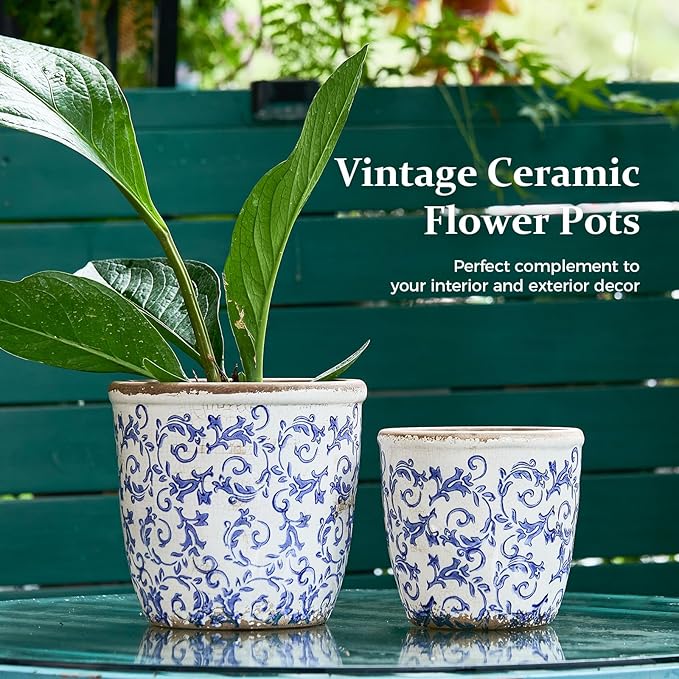 Vintage Ceramic Planter with Drainage Hole, Plastic Tray & Mesh, 5.5 Inch - Indoor/Outdoor Flower Pot, Blue Floral Rustic Farmhouse Design Plant pot for Home, Office & Garden Décor, Ideal Gift