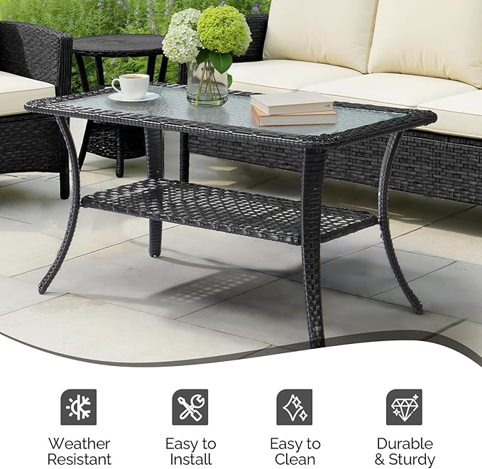 VINGLI Outdoor Coffee Table with Storage Wicker Patio Coffee Table, Tempered Glass Top Coffee Table for Patio Outside Balcony Porch Deck (Black)