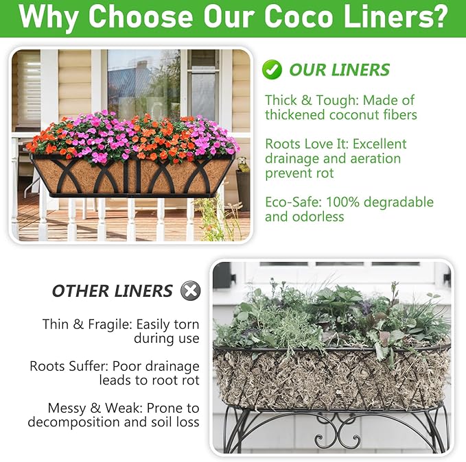 Riare 2 Pack 24 Inch Rectangle Coconut Liners for Planters, Natural Coconut Fiber Planter Liners, Window Box Liner Trough Coco Liner for Outdoor Flower, Garden Wall, Deck & Fence Planter Boxes