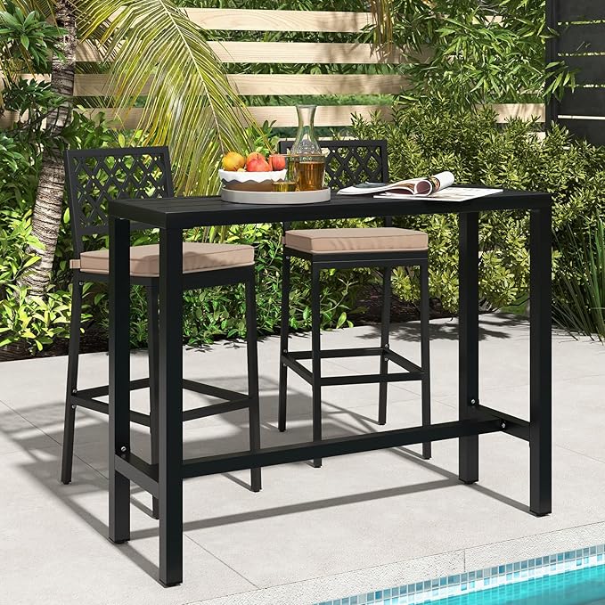 COSTWAY 3 Piece Outdoor Bar Table and Chairs Set, 48" Pub Height Bar Table & 2 Cushioned Bar Stools with Rhombus Backrest, Metal Patio Bar Table Set for Balcony, Backyard, Porch, Pool