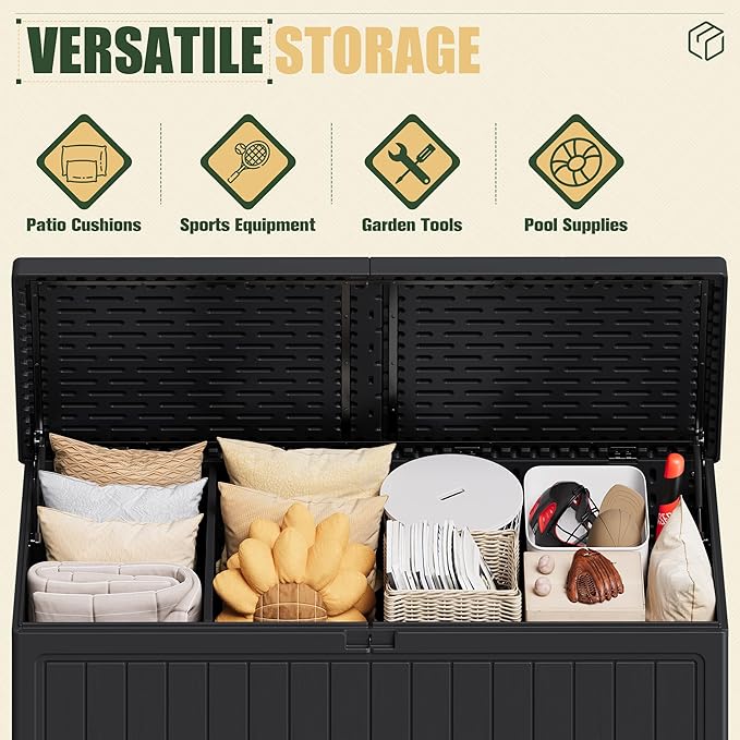 JUMMICO 270 Gallon Outdoor Storage Deck Box with Divider, Double Wall Storage Box with Lockable Lid for Garden Tools, Pools Supplies (Black)