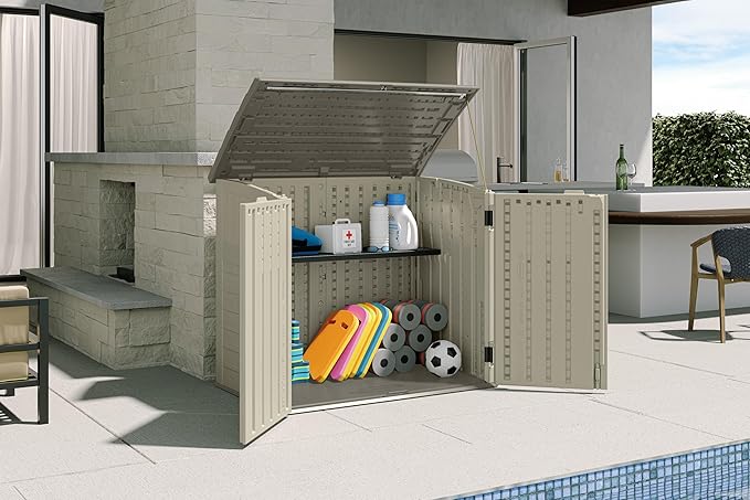 Suncast 34 Cu Ft Horizontal Resin Plastic Storage Shed - Outdoor Storage Shed with Floor Included, Lockable, Weatherproof, Fits Small to Medium Trash Cans, Generators, & Garden Tools, Vanilla Stoney