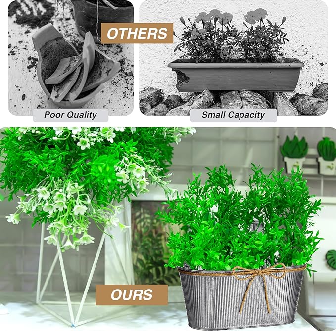 Hicarer 4 Pcs Metal Hanging Flower Pots, 10.6 Inch Vertical Grained Metal Color Outdoor Hanging Planters Window Plant Holder with Detachable Hooks for Railing Fence Balcony Garden Yard