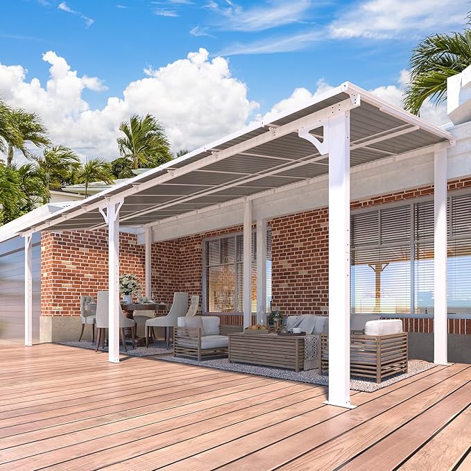 AECOJOY 20' x 8' White Outdoor Gazebo for Patio, Large Wall-Mounted Hard Top 8x20 Lean to Metal Gazebo Shelter Pergolas and Gazebos Clearance with Patio Roof, Heavy Duty Awnings for Patio, Decks