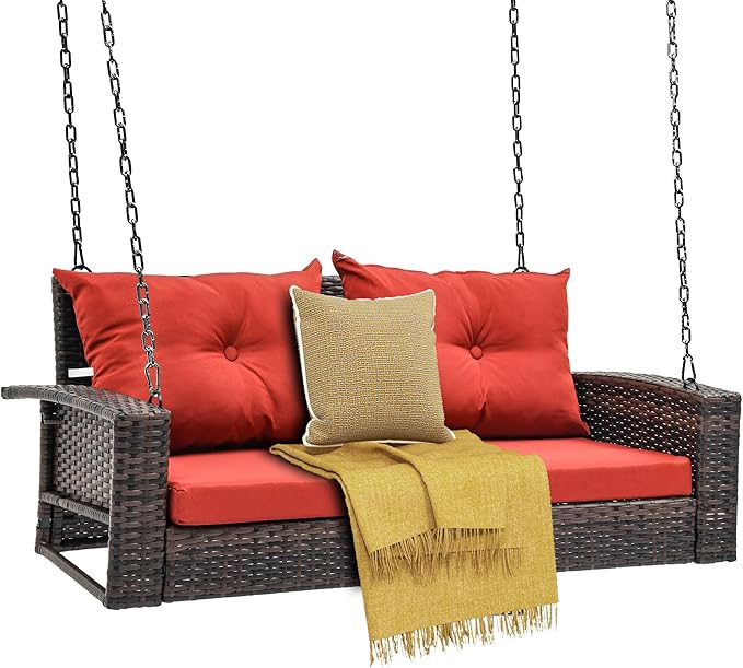DWVO Hanging Porch Swing Chair Outdoor Wicker Rattan Patio Swing Lounge 2 Seats Cushions Capacity 530lbs for Balcony, Garden, Living Room, Brown Rattan Red Cushion