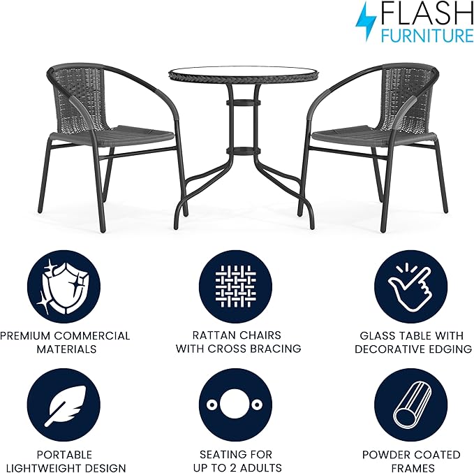 Flash Furniture 3-Piece Patio Dining Set with Round Glass Metal Table and 2 Stackable Rattan Chairs, Indoor/Outdoor Bistro Table and Chairs Set, Gray