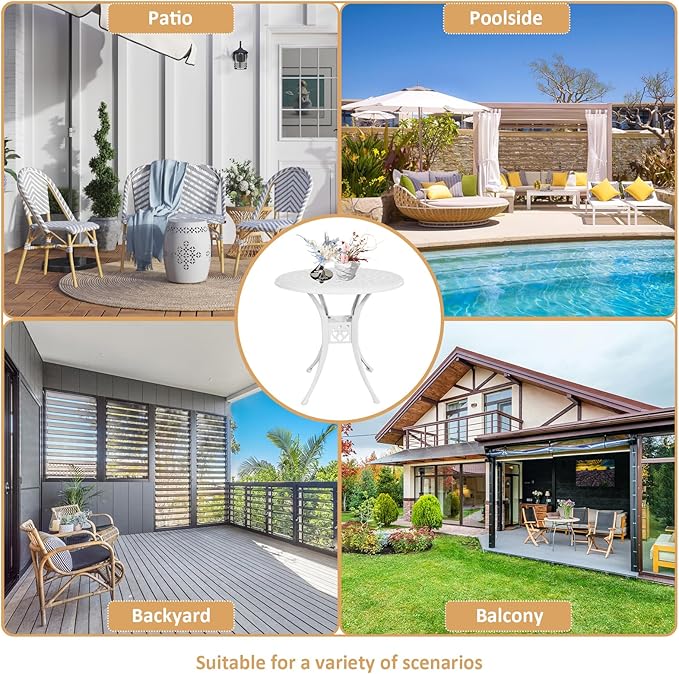 30.31" Outdoor Patio Dining Table, Cast Aluminum Bistro Table, Patio Furniture Set with 2.36" Umbrella Hole for Balcony Lawn Garden Backyard