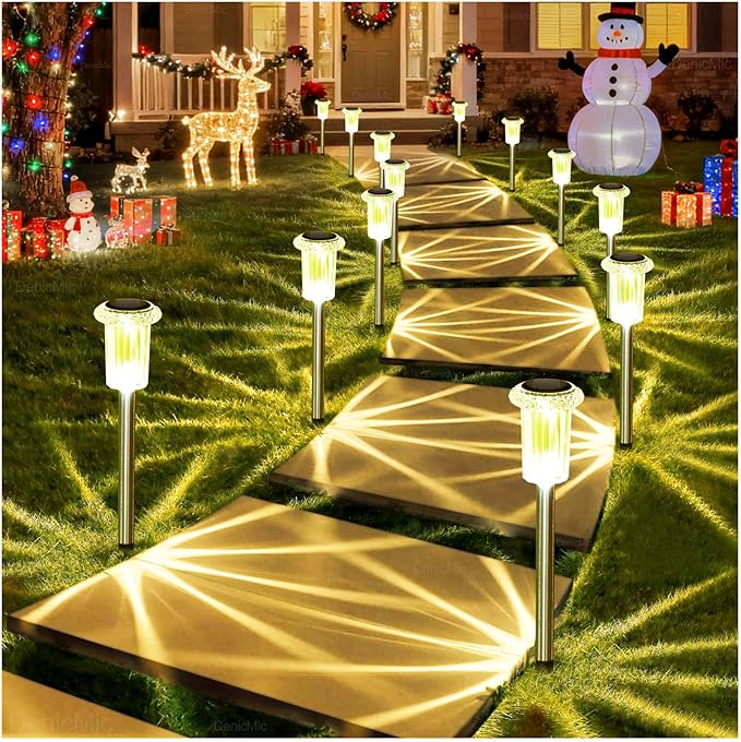 DenicMic Solar Lights Outdoor 10 Pack Waterproof 3000K Warm White LED Stainless Steel Stake Outside Lights for Yard Pathway Garden Driveway Walkway Landscape Path Lighting