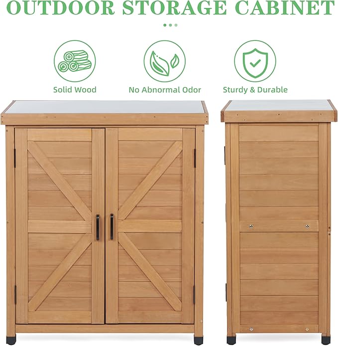 Outdoor Potting Bench with Storage Cabinet and Metal Top, Wood Workstation for Outdoor Patio, Garden (Light Brown, 31x17x36‘’)