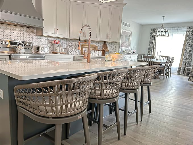 PURPLE LEAF Outdoor Rattan 24" Counter Height Bar Stools Chair Set of 2, Modern Upholstered Patio Bar Stool with Backrest for Indoor and Outdoor, Kitchen Island, Champagne