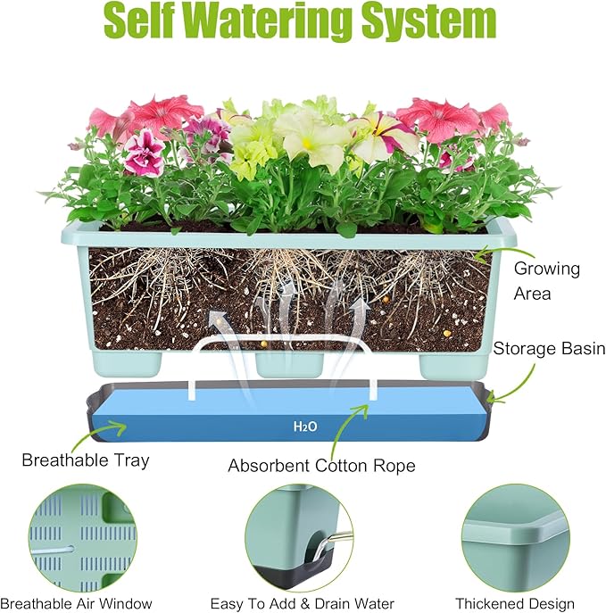 Window Box Planter 8 Pcs, 17 Inches Rectangle Flower Pots with Drainage Holes & Trays, Vegetable Planters for Windowsill Patio Garden Balcony Home Indoor Outdoor (Green, 16 * 7 * 6 inch)