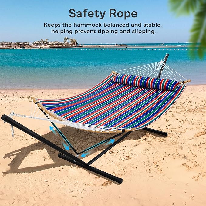 SUPERJARE Curved-Bar Hammock with Stand, 2 Person Heavy Duty Hammock Frame, Detachable Pillow & Portable Carrying Bag, Perfect for Outdoor & Indoor, Retro Blue and Green