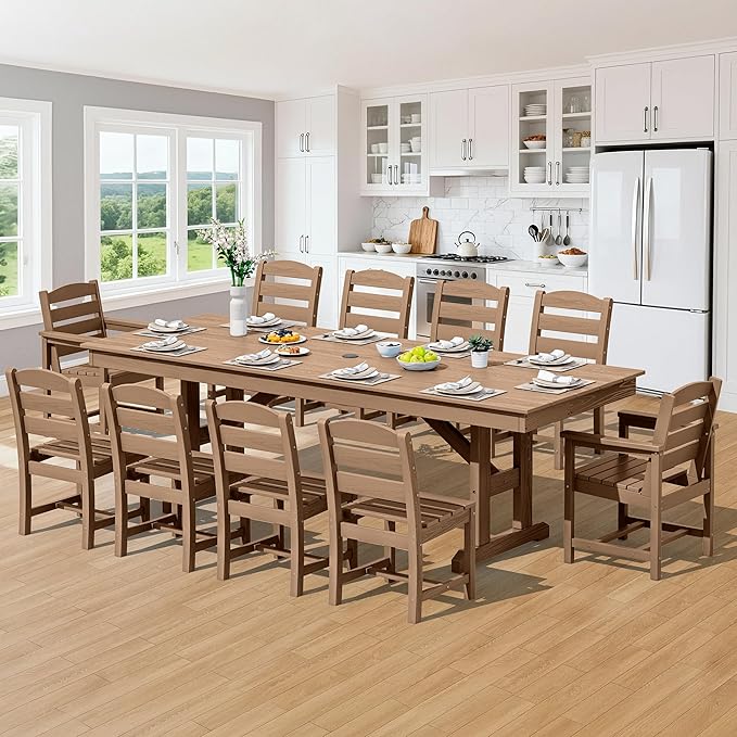 SERWALL 11 Piece Outdoor Dining Set, 84" HDPE Outdoor Table and Chairs for 10，All Weather Patio Furniture Set with Umbrella Hole for Backyard, Garden, Brown