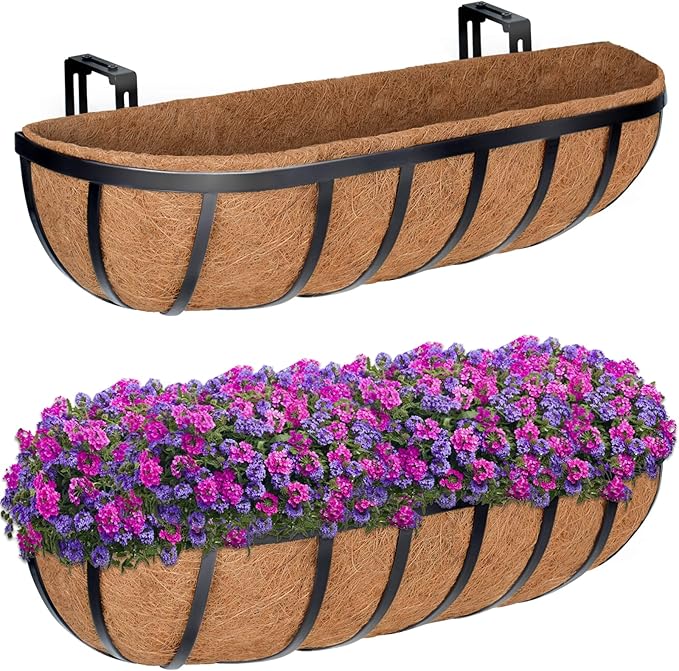 ZeeDix 24 Inch Railing Planter Box, 2 Pack Metal Window Boxes with Coco Liners for Railing, Hanging Flower Boxes for Deck Porch Balcony & Fence Outdoor Indoor Lawn