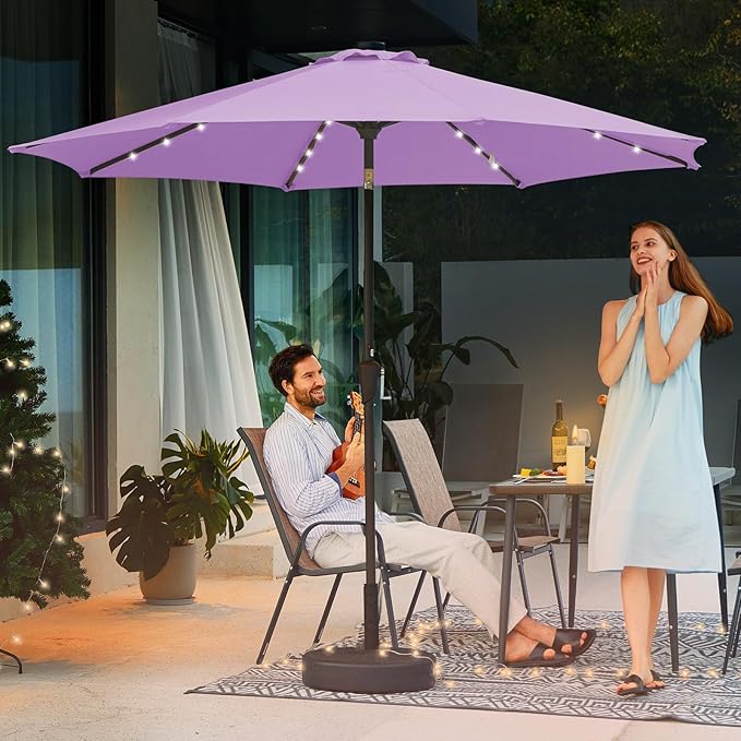 JEAREY 9FT Outdoor Patio Umbrella with Solar Lights, LED Lighted Pool Umbrella with Tilt and Crank, Outdoor Table Umbrellas for Deck, Yard & Market (Taro Purple)