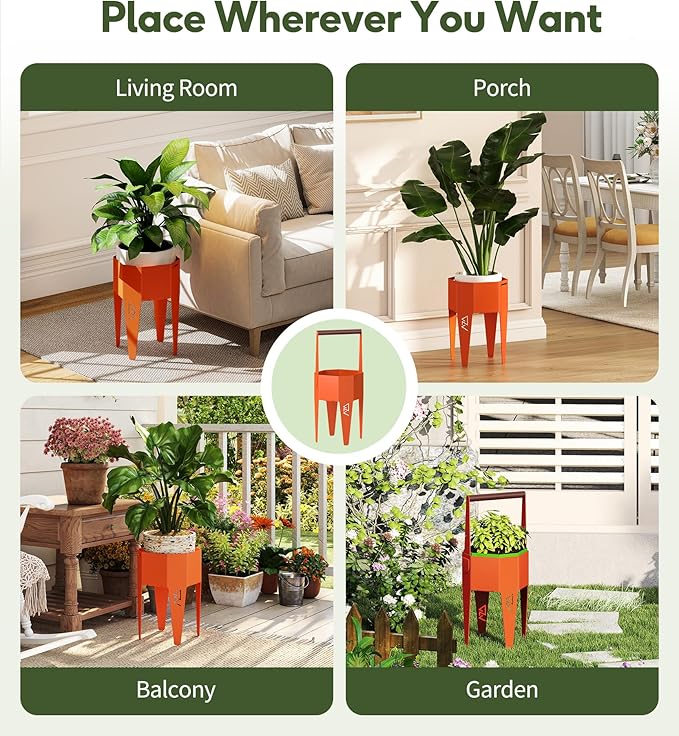 Planter with Stand, Metal 2 in 1 Portable Planter with Grow Bags & Handle, Stable Stylish Indoor Plant Pots with Stand, Modern Plant Stand Indoor, 7.5'' x 17.3'', Orange, Plant Not Included