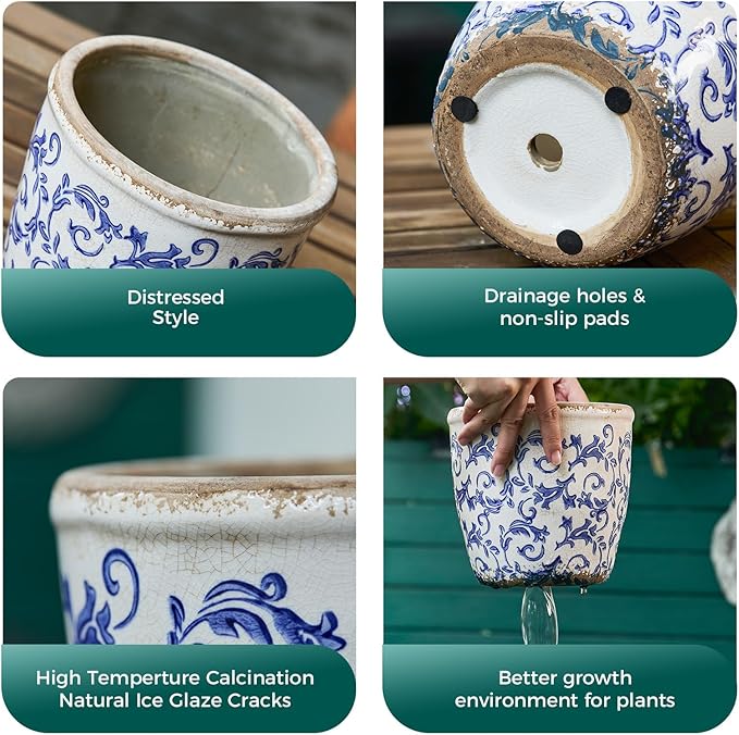 Vintage Ceramic Planter with Drainage Hole, Plastic Tray & Mesh, 5.5 Inch - Indoor/Outdoor Flower Pot, Blue Floral Rustic Farmhouse Design Plant pot for Home, Office & Garden Décor, Ideal Gift