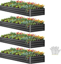 YITAHOME 4pcs 12x4x1 ft Galvanized Raised Garden Bed Kit, Large Metal Planter Box with Gloves, Safety Rubber & Support Rod, Outdoor Flower Bed for Plants Vegetables, Black